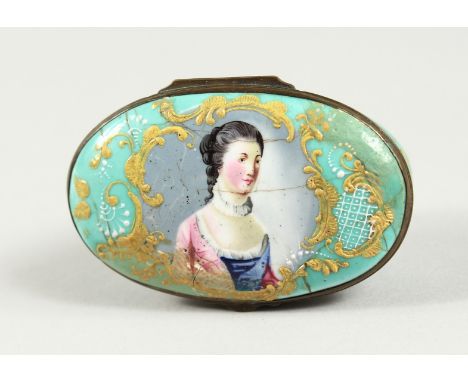 AN 18TH CENTURY BILSTON ENAMEL OVAL BOX. 2.75ins long.