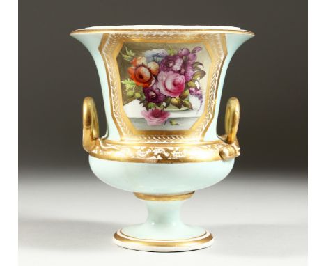 A DERBY COMPOUND TWO HANDLED URN, painted with a panel of flowers. 6.5ins high. AF