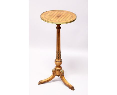  A GOOD 19TH CENTURY FRENCH CIRCULAR TOP TRIPOD TABLE, with cross hatch top, fluted column, ormalu mounts on triple curving l