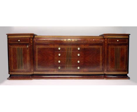 A SUPERB WALNUT INLAID SIDEBOARD AND SIDE PIECES BY DAVID LINLEY, fitted with a drawer and panel doors 8ft 4ins long x 1ft 7i