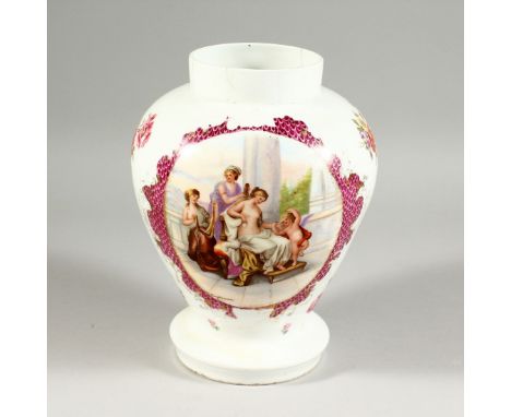 A CONTINENTAL PORCELAIN VASE ,decorated with a panel depicting a young lady and attendants. 9.5ins high.