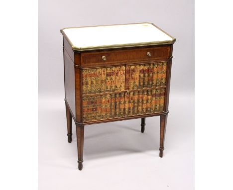 A GOOD 19TH CENTURY FRENCH RECTANGULAR TOP WITH MARBLE COMMODE, with a single drawer over book fronted double doors on taperi