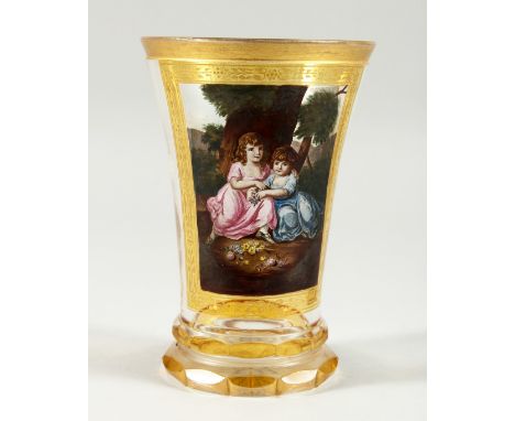 A SUPERB VIENNA GLASS BEAKER painted with a panel of two children. 4.5ins high.