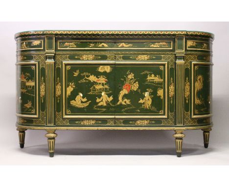 A GOOD CHINOISERIE INLAID CABINET with bowed ends, panel doors with long drawer to the front over double painted doors on tur