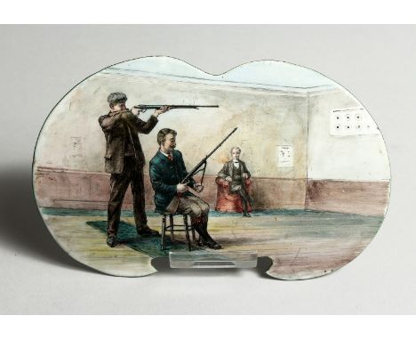 A RARE SHAPED ENAMEL SHOOTING TARGET PRACTICE PLAQUE Two men with gums and targets 6.5 x 3ins