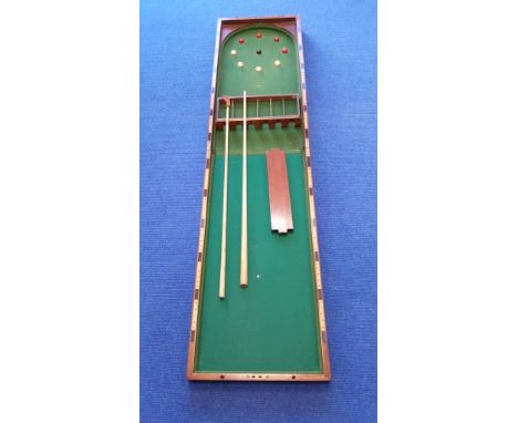 Early 20th century Old English mahogany carved table top Bagatelle possibly by E.J. Riley, Accrington with cues and a set of 