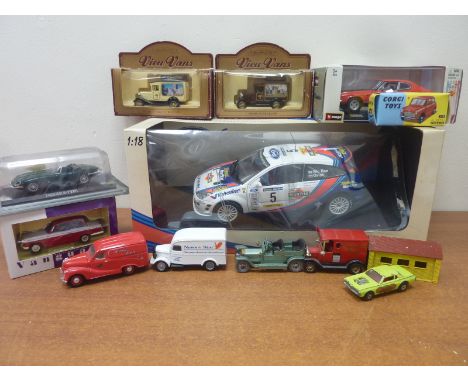 Ford Focus WRC 2000. Winner of Rally Catalonya 1:18 scale, together with various smaller die cast vehicles (13)