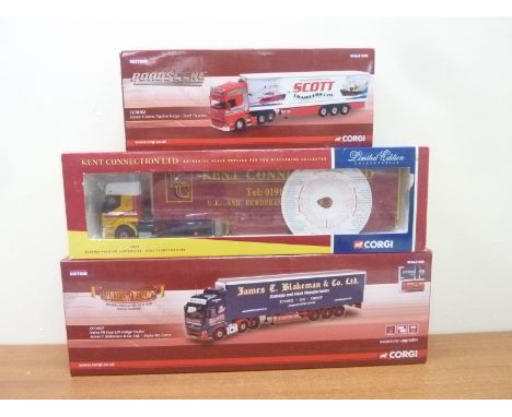 Three Corgi boxed vehicles to include, 75604 Renault Premium Curtainside, CC14027 Volvo, FH Face Lift fridge trailer, CC18102