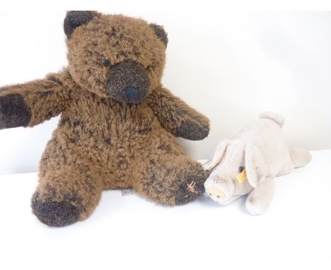 Steiff pig no. 5415/28 button and tag in ear, also a Harrod's brown bear.