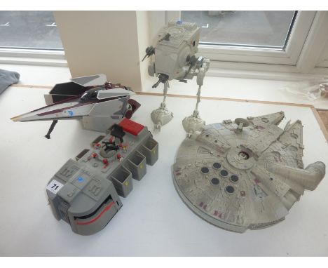 Star Wars vehicles including a small Millennium Falcon, AT-ST Walker, Imperial Troup Transport, V-Wing. (4)