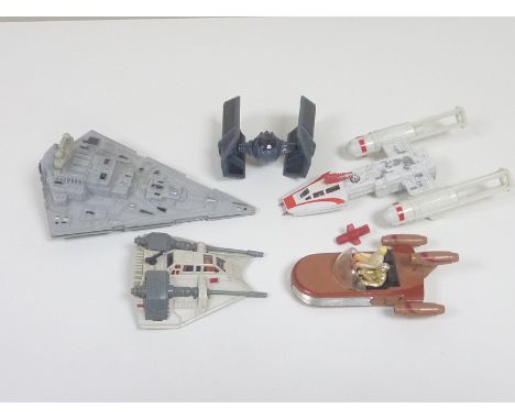Five Star Wars vehicles; Y-Wing Fighter, X-34 Landspeeder, Rebel Armoured Snow Speeder, die-cast Imperial Star Destroyer, Dar