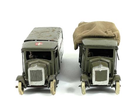 Britains early army trucks x 2 Two early style trucks - an ambulance missing two tyres and a half track covered vehicle.
