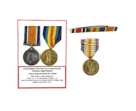 World War 1 medals (x3)  Comprising:World War 1 pair of War & Victory medals awarded to 32524 Cpl J E Swinbank, Yorkshire Lig