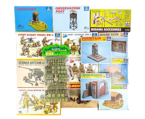 Unmade model kits - Italeri 1:35 etc, x 15 Comprising - ITALERI - church door, command post, first aid station, house ruin, f