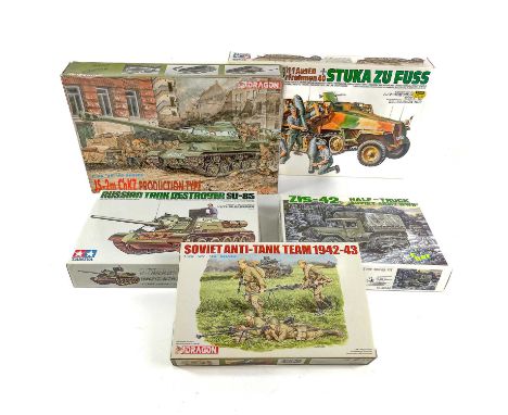Unmade model kits - Tamiya, Dragon & Fort 1:35 x 5  Comprising:Tamiya - Stuka Zu FussTamiya - Russian tank destroyerDragon - 