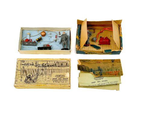 Crescent Deep Sea Divers pre and post war sets. The pre war set is boxed, the end flap of the lid is detatched but in the box