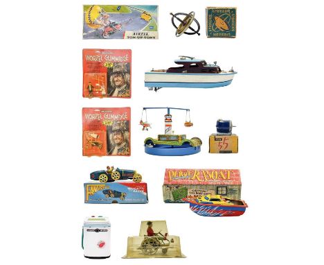 Modern tinplate toys, wooden model boat, etc. Five more modern tinplate toys - clockwork washing machine, Fantastic &amp; Co 