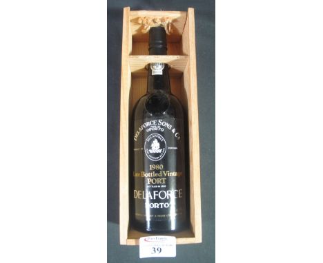 Single bottle Delaforce late bottled vintage port, 1980, 75cl, imported by Dent &amp; Reuss Ltd Hereford. Wooden box. 
(B.P. 