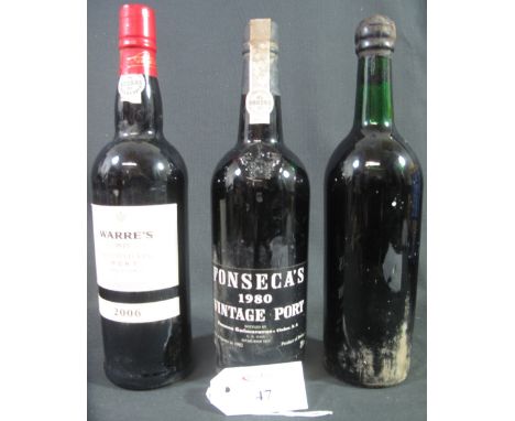 Three bottles of vintage port to include: Warre's late bottled vintage port 2006, Fonseca's vintage port 1980 and another lac