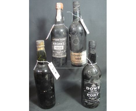 Four bottles of vintage port to include: Krohn's 1958, shipped by Wiese and Krohn Oporto, one bottle Cockburn's 1960 vintage 