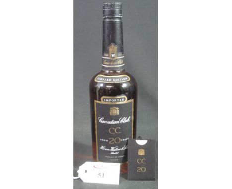 One bottle imported Canadian Club C.C age 20 years Canadian whisky, Limited edition by Hiram Walker &amp; Sons Ltd dated 1991