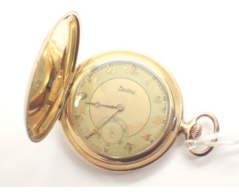 Gold plated full hunter Zentra pocket watch with crown wind CONDITION REPORT: This item is not working at lotting and the cry