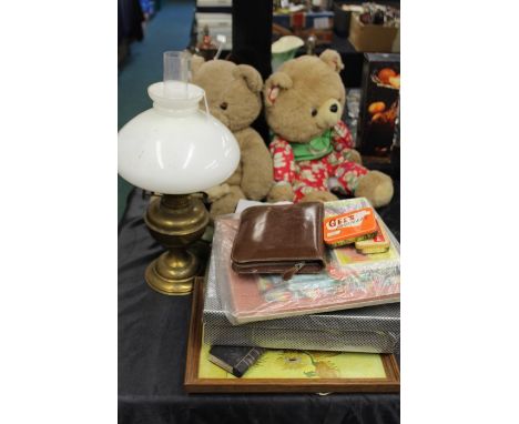 Collection of items, to include pictures, an oil lamp, tins, vanity set, tea set and teddy bears, (qty)