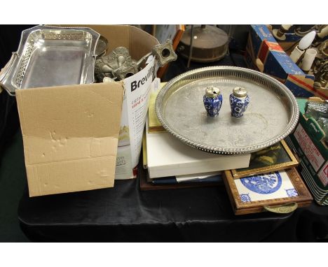 Collection of silver plated wares, to include tray, tea pot, flatware, etc, together with a tile tray, books pictures, etc, (