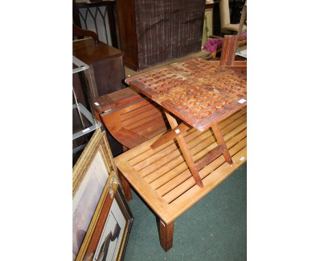 Teak garden furniture, to include a drop leaf table, two smaller tables and a coffee table, also together with a glazed shelf