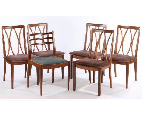 Five G-plan teak dining chairs, with curved splat backs, brown velvet effect seats, raised on square legs, single G-plan teak