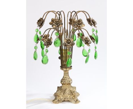 Mid 20th Century brass reading lamp, the shade with stylised flower heads and hanging green prismatic drops, raised on a pier