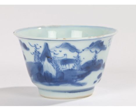 Chinese Qing Dynasty porcelain cup, Kangxi period, decorated in blue with figures and pagodas among lakes, 7cm wideGlaze and 