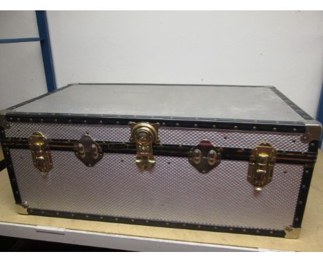 Mossman British Made Aluminium Trunk with Catches & Lock. No Key, Damaged as Pictured. Size (H) 36cm x (W) 90cm x (D) 51cm.