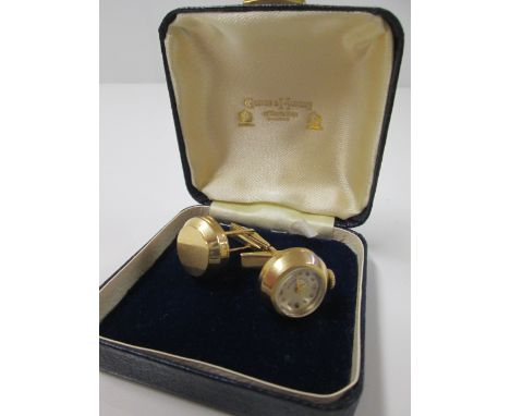 Pair of Seaman Schepps Hallmarked 14k Gold Cufflinks. One with Wind Up Working Clock the Other is Plane in Case. Total Weight