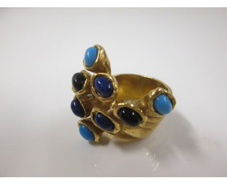 Yves Saint Laurent Womens Arty Ring (from the Vestaire Collection). Set with Light &amp; Dark Blue &amp; Black Stones. Size 5