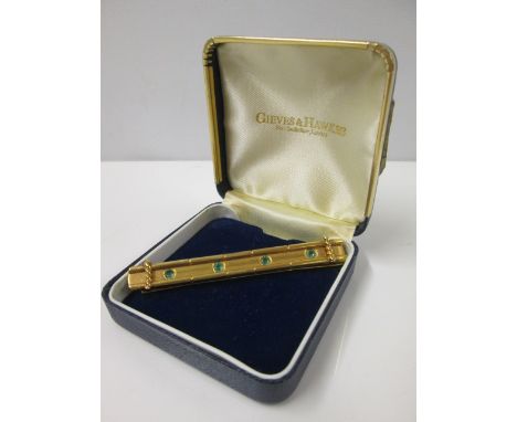 JWB Tie Clip/Slider in 9k Gold (375). Set with 4 Green Stones in Case.