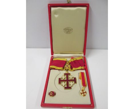 Presentation Cased Ceremonial Medal on Red/Gold Sash, with smaller pocket medal and lapel pin. In yellow metal with enamel re