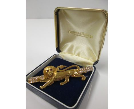 JWB Tie Clip/Slider Gold 9k (375). With Lion with 2 Red Stone Eyes & 25 Diamond Chips Set in Case (1 Chip Missing).