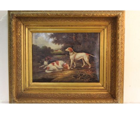 Oleograph depicting three dogs in a landscape, housed in a deep gilt frame, the oleograph 39cm x 29cm