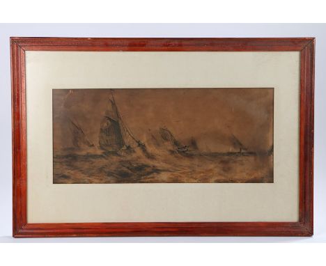 20th Century seascape, sailing vessels in choppy seas, print, housed in a dark stained frame, the seascape 55cm x 24cm