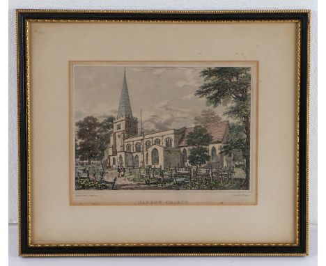 After N. Whittock, "Harrow Church", coloured lithograph, housed in a gilt and ebonised frame, the lithograph 19cm x 14.5cm