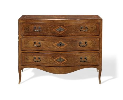 An 18th Century walnut and tulipwood banded  serpentine commodeSouth GermanThe crossbanded top over three similar drawers on 