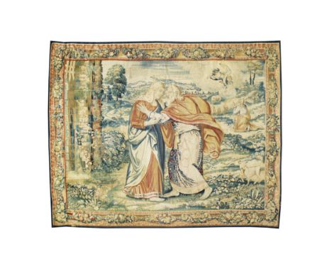 A vibrant Flemish religious tapestry17th centurydepicting the story of The Annunciation of St. Anne, the figure of Joachim, t