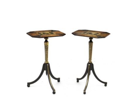 A pair of English parcel-gilt and polychrome painted occasional tablesOne circa 1820, the other of recent manufacturerEach wi