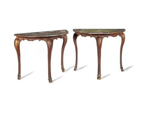 A pair of 18th Century and later semi-circular console tablesAustrian,Decorated in red and gold with green painted shaped top