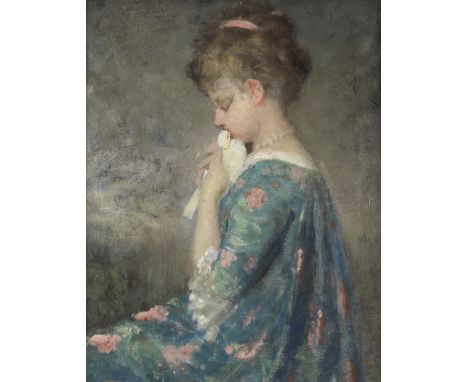 Gustave Jean Jacquet (French, 1846-1909)Portrait of a young girl wearing a floral dressoil on canvas 26 x 21cm (10 1/4 x 8 1/