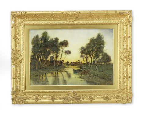 Karl Heffner (German, 1849-1925)Evening Lighta church and homestead in a wooded river landscape at sunset,signed 'K Heffner' 