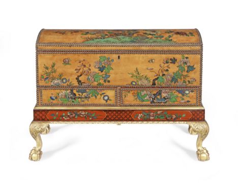 A George II Style Satinwood And Painted Domed-Top Chest on StandFirst half 20th centuryDecorated with Chinoiserie floral moti