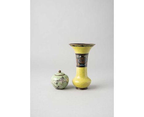 TWO JAPANESE CLOISONNE ENAMEL PIECESMEIJI ERA, 19TH/20TH CENTURYOne a trumpet vase, decorated with a mottled yellow-green gro