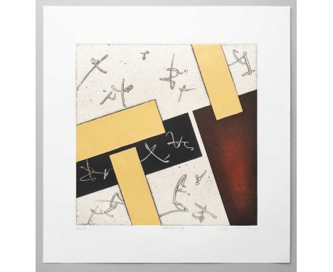 SHIN'ICHI NAKAZAWA (1956-) YATSUHASHI IXHEISEI ERA, 21ST CENTURYA Japanese print, with an abstract composition of ochre and b